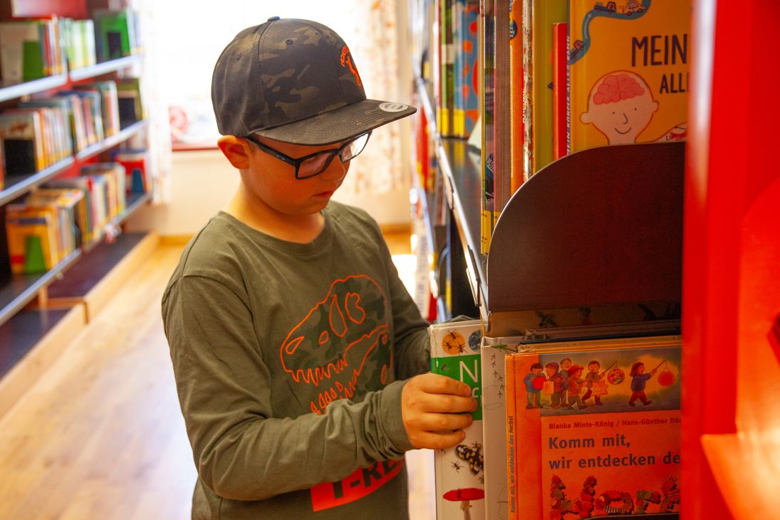 Junge am Sachbuchregal